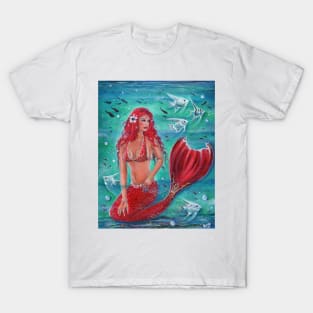 Red mermaid Vivian with tropical fish by Renee Lavoie T-Shirt